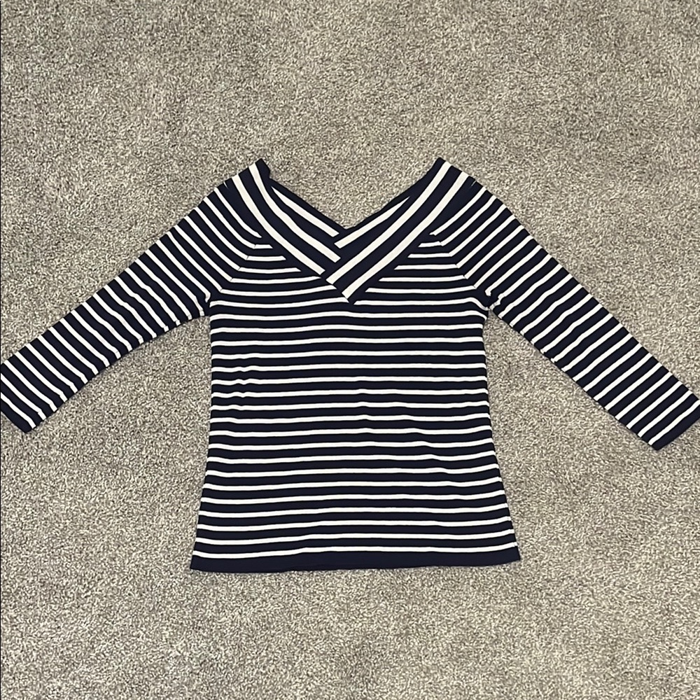 WHBM navy blue and white striped shirt